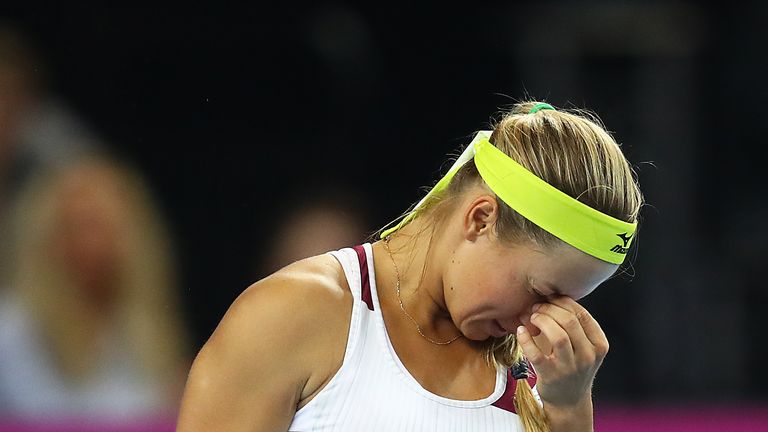 Yulia Putintseva of Kazakhstan looks frustrated against Johanna Konta of Great Britain during the Fed Cup World Group II Play-Off match between Great Britain and Kazakhstan at Copper Box Arena on April 21, 2019 in London, England.