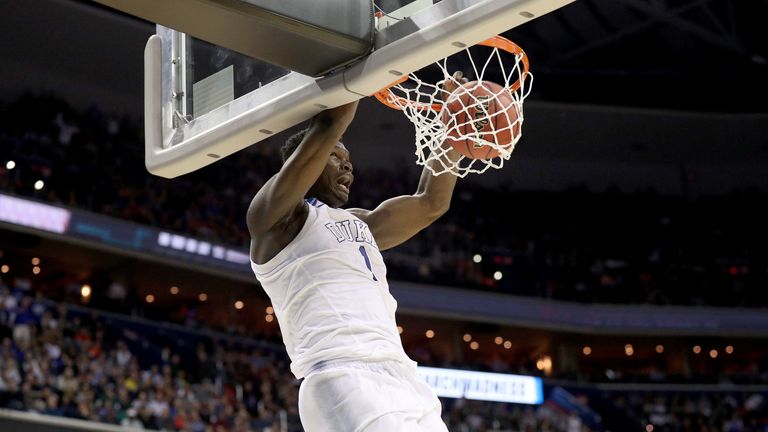 Zion Williamson #1 of the Duke Blue Devils dunks the ball against the Virginia Tech Hokies during the second half in the East Regional game of the 2019 NCAA Men's Basketball Tournament at Capital One Arena on March 29, 2019 in Washington, DC.