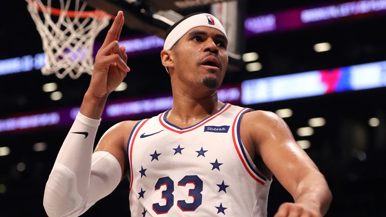 Tobias Harris celebrates a basket during the Philadelphia 76ers' Game 3 win over the Brooklyn Nets