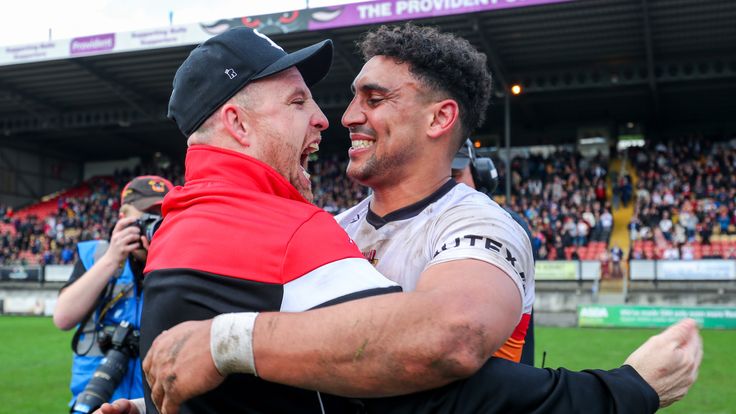 Picture by Alex Whitehead/SWpix.com - 11/05/2019 - Rugby League - Coral Challenge Cup - Bradford Bulls v Leeds Rhinos - Odsal Stadium, Bradford, England - Bradford's Dalton Grant celebrates the win.