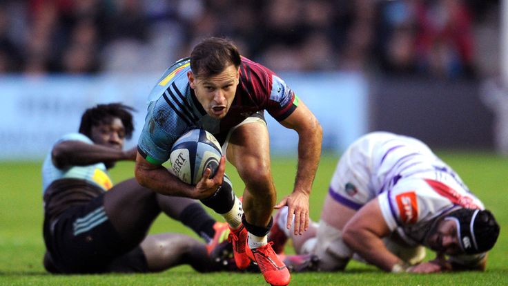 Danny Care of Harlequins falls after making a break during the Gallagher Premiership Rugby match against Leicester Tigers at Twickenham Stoop on May 03, 2019