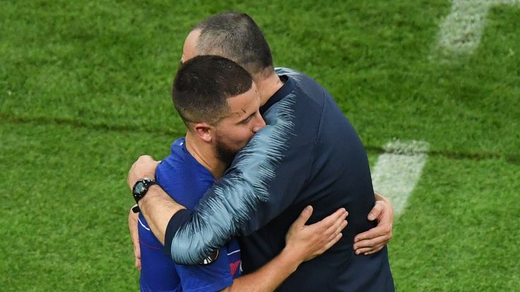 Eden Hazard and Maurizio Sarri embrace on the night that Chelsea beat Arsenal to win the Europa League final