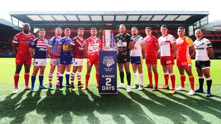 Picture by Simon Wilkinson/SWpix.com - 20/05/2019 - Super League Rugby - Dacia Magic Weekend preview pictures at Anfield, Liverpool - Players from each team on the Anfield Pitch