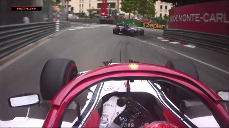 Kimi Raikkonen is a little angry down at the hairpin after a battle with Lance Stroll, who locked up, ran wide and then moved across to cover the oncoming Alfa Romeo.
