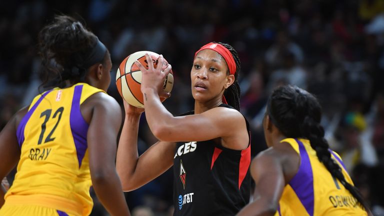 A'ja Wilson is double-teamed by Los Angeles Sparks defenders