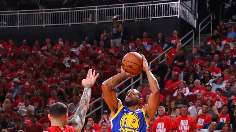 Andre Iguodala fires from three in the Warriors' Game 4 loss to the Rockets