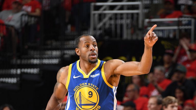 Andre Iguodala celebrates a basket in during the Warriors' Game 6 win over the Rockets