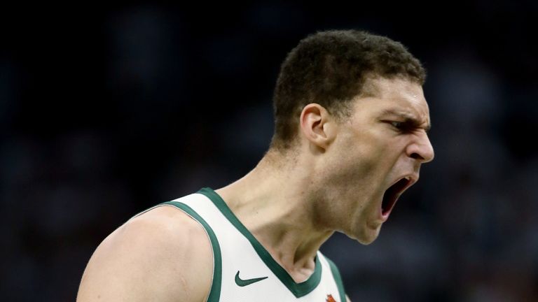 Brook Lopez celebrates a big play during Milwaukee&#39;s Game 1 win over Toronto
