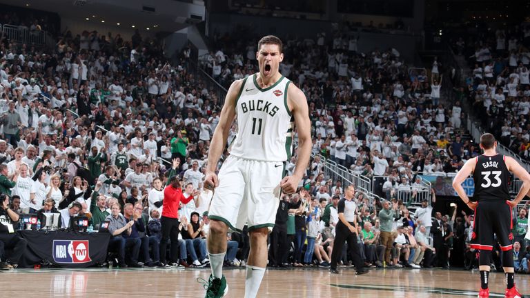 Brook Lopez reacts after making a big shot in Game 1 of the Eastern Conference Finals