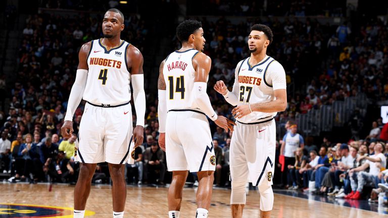 Paul Millsap, Gary Harris and Jamal Murray in action against the Trail Blazers in Game 5 