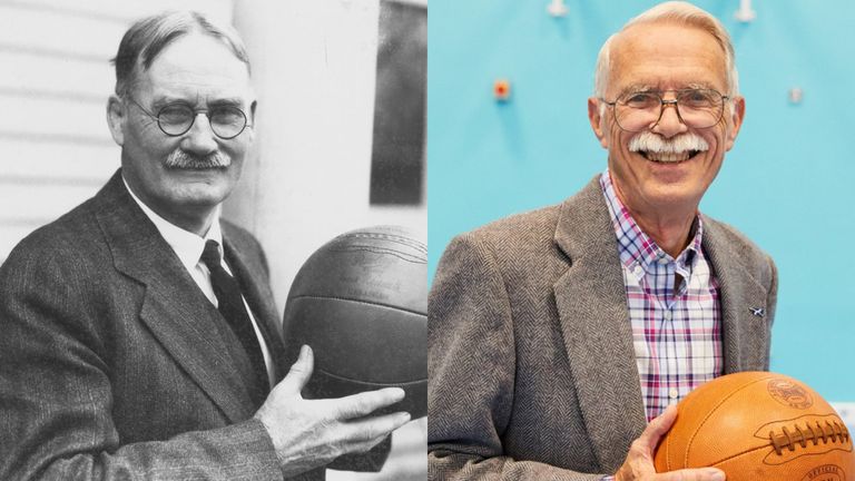 Dr James Naismith and his grandson Jim - photo left courtesy of University of Kansas, photo right courtesy of Simon Way/NBAE