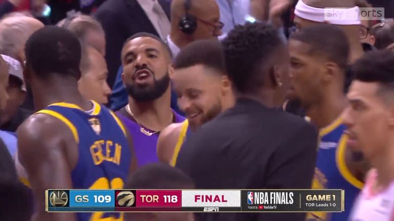 Drake and Draymond Green share a heated exchange after the Toronto Raptors beat the Golden State Warriors in Game 1 of the NBA Finals