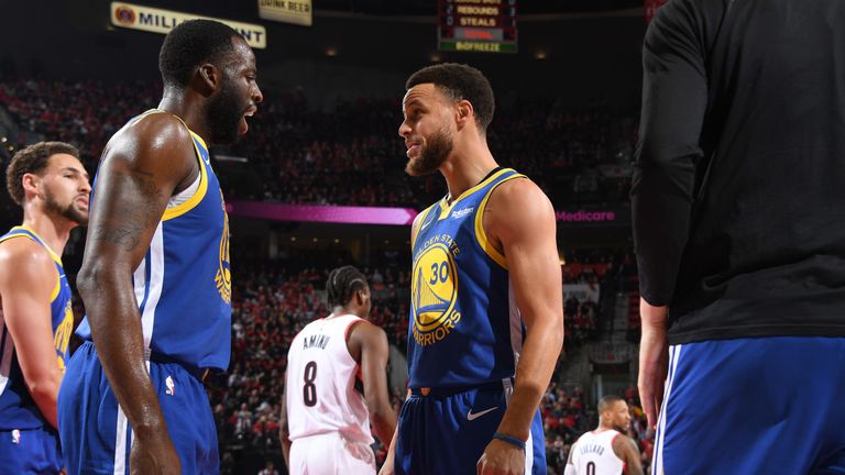 Draymond Green and Stephen Curry celebrate combining for a basket during the Warriors' series-clinching Game 4 win over the Trail Blazers