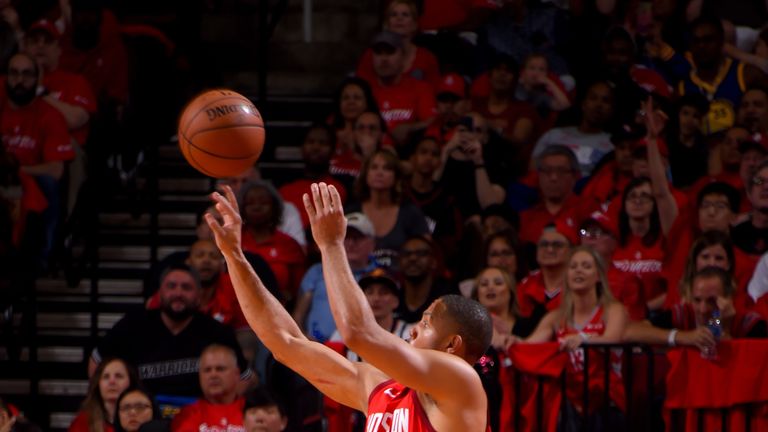 Eric Gordon shoots from deep in Game 3 against the Golden State Warriors