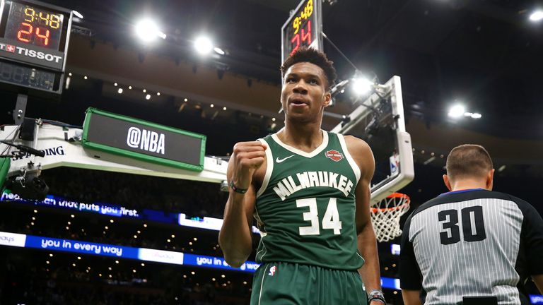 Giannis Antetokounmpo reacts after earning an 'And 1' play in Milwaukee's Game 4 win over Boston