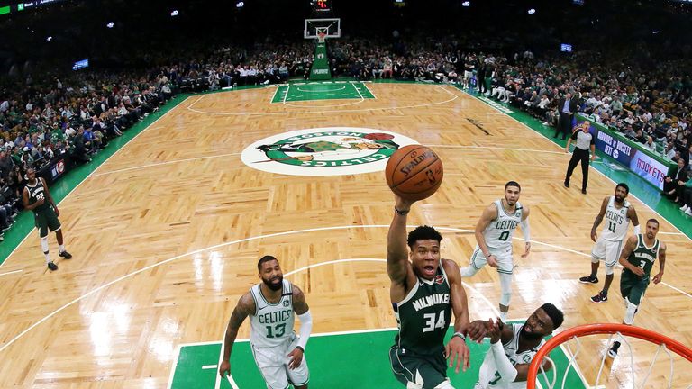 Giannis Antetokounmpo throws down an emphatic dunk in the Bucks&#39; Game 4 win over the Celtics