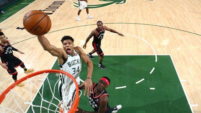 Giannis Antetokounmpo soars for a huge dunk against the Toronto Raptors in Game 2 of the Eastern Conference Finals.