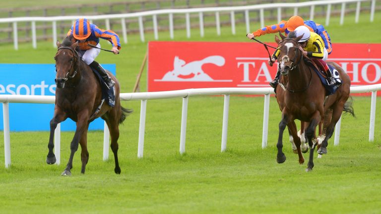Pretty Pollyanna gives chase to Hermosa in the Irish 1000 Guineas