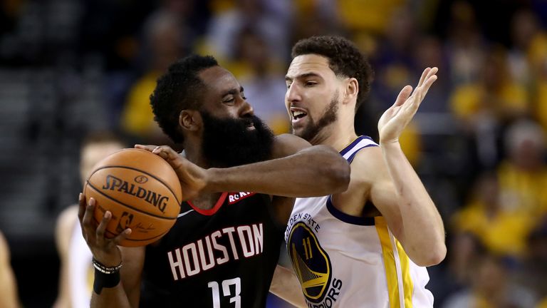 Klay Thompson guards James Harden in Game 5