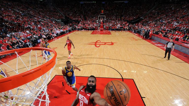 James Harden scores at the rim in the Rockets' Game 4 win over the Warriors