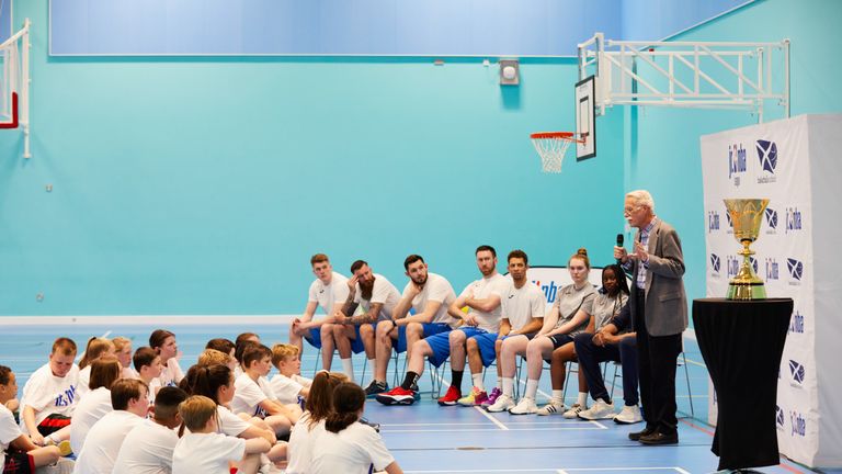 Jim Naismith addresses Jr. NBA participants in Glasgow - photo courtesy of Simon Way/NBAE)