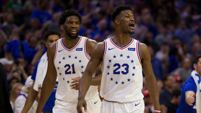 Joel Embiid and Jimmy Butler in playoff action for the Philadelphia 76ers