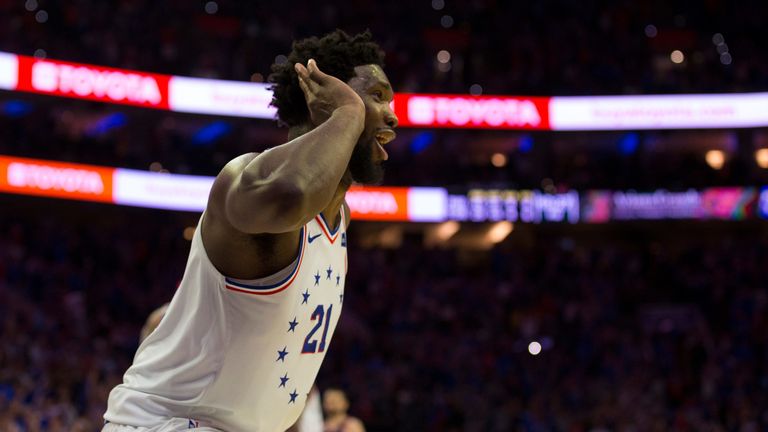 Joel Embiid milks the adulation of the crowd during the Philadelphia 76ers Game 3 win over the Toronto Raptors