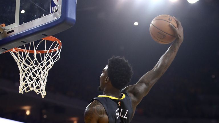 Jordan Bell rams home a dunk during Game 2 of the Western Conference Finals