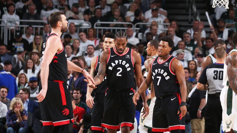 Kawhi Leonard and Kyle Lowry in action during the Raptors' Game 1 loss in Milwaukee