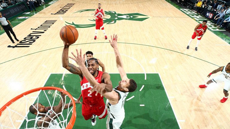 Kawhi Leonard powers through for a dunk during Game 5 of the Eastern Conference Finals