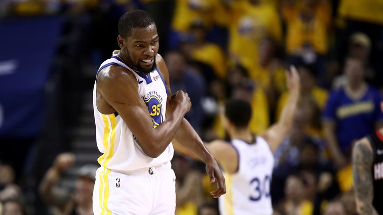 Kevin Durant celebrates a basket prior to his game-ending injury