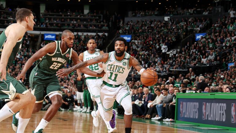 Kyrie Irving attacks against the Milwaukee Bucks in Game 3