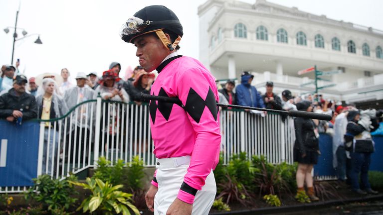 LOUISVILLE, KENTUCKY - MAY 04: Luis Saez, jockey of Maximum Security #7, looks on prior to the 145th running of the Kentucky Derby at Churchill Downs on May 04, 2019 in Louisville, Kentucky. (Photo by Michael Reaves/Getty Images)