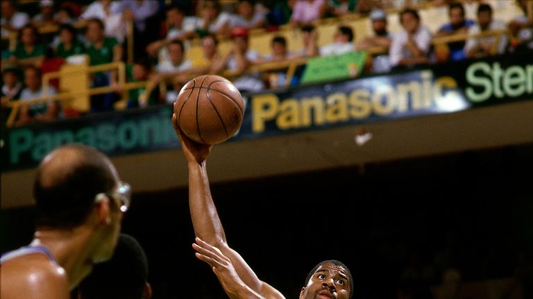 Magic Johnson lofts his 'junior sky hook' in Game 4 of the 1987 NBA Finals