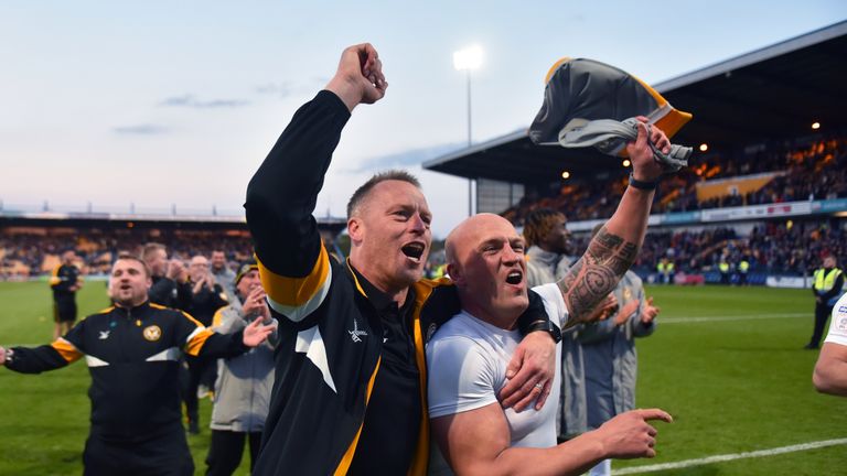 Newport boss Michael Flynn celebrates after his side won their play-off semi-final