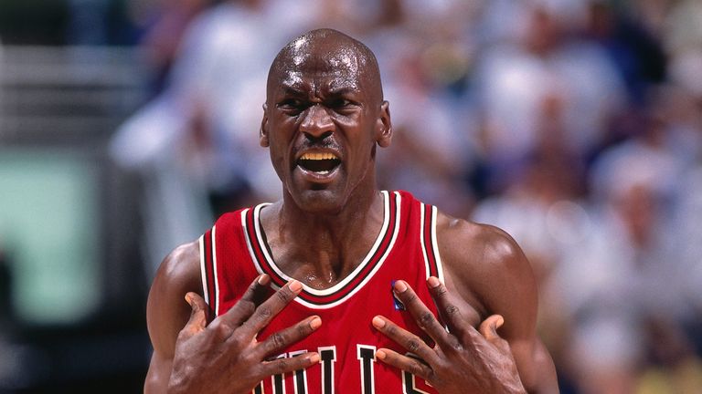 Michael Jordan shows his emotions after sealing his sixth NBA title