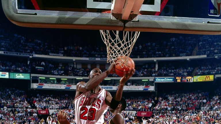 Michael Jordan switches hands to score against the Los Angeles Lakers in the 1991 NBA Finals