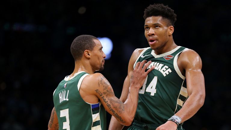 George Hill congratulates Giannis Antetokounmpo during the Bucks&#39; Game 4 win over the Celtics