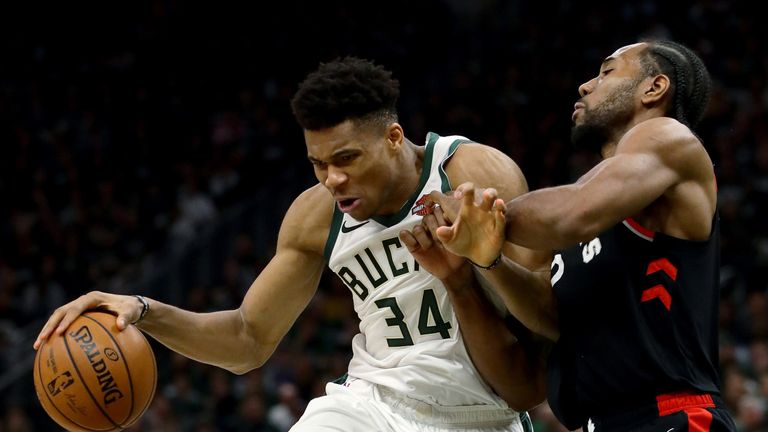 Giannis Antetokounmpo attacks in Milwaukee&#39;s Game 2 victory over the Toronto Raptors