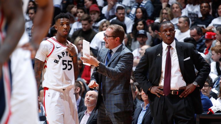 Nick Nurse offers instructions to Raptors' Delon Wright