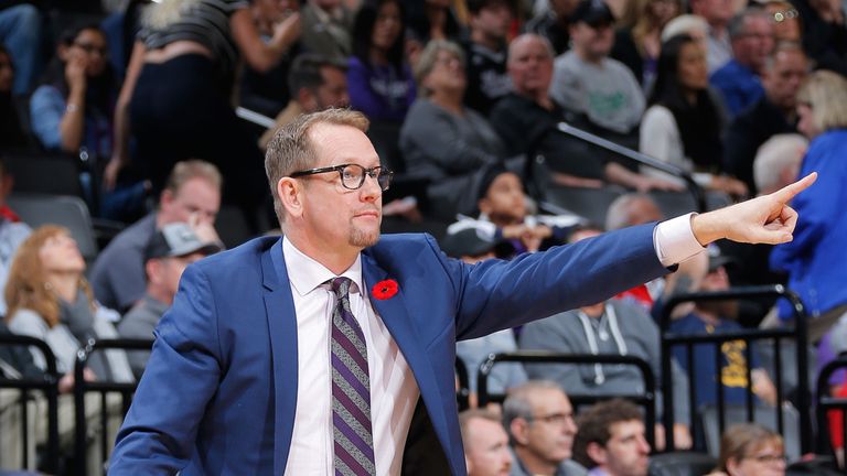 Nurse gives instructions from the Raptors sideline