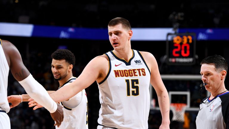 Nikola Jokic offers encouragement to his Nuggets team-mates in Game 2 against Portland