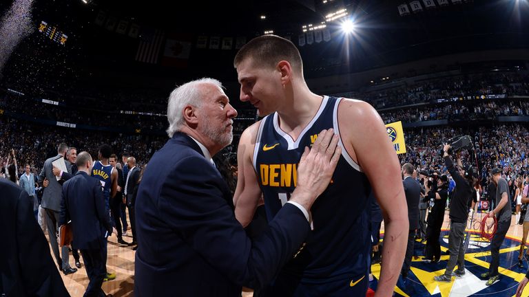Gregg Popovich congratulates Nikola Jokic after the Nuggets eliminated the Spurs