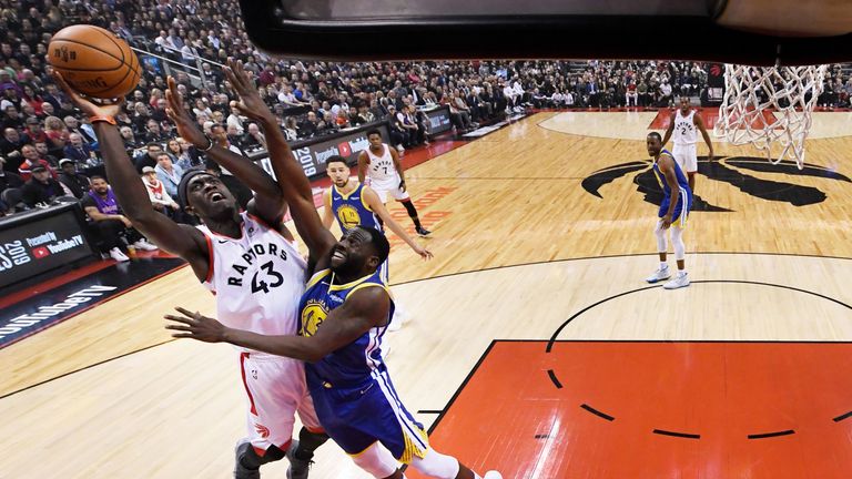 Pascal Siakam shoots over Draymond Green in Game 1 of the NBA Finals