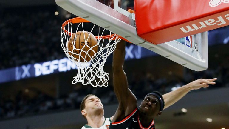 Pascal Siakam throws down an emphatic baseline dunk in the Raptors' Game 1 loss to the Bucks