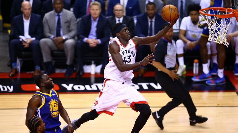Pascal Siakam scores at the rim in Game 1 of the NBA Finals