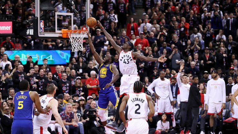 Pascal Siakam rejects Draymond Green in Game 1 of the NBA Finals