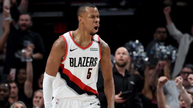 Rodney Hood celebrates after making a huge basket during Portland's Game 6 win over Denver