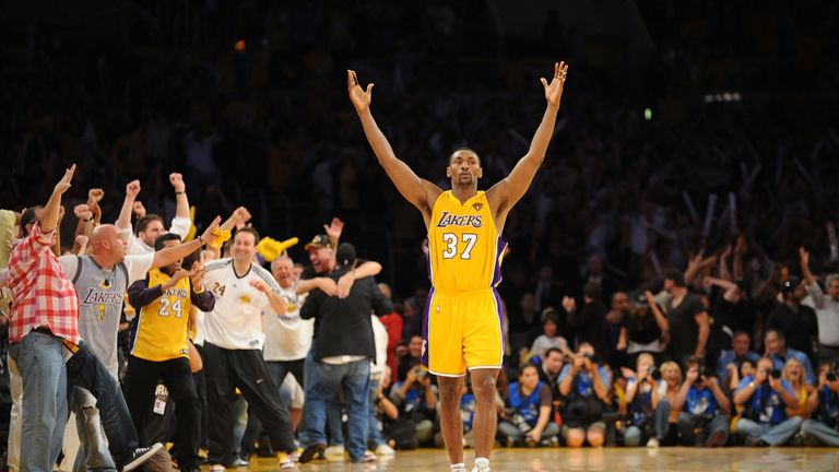 Ron Artest celebrates after hitting a clutch three in Game 7 of the 2010 Finals