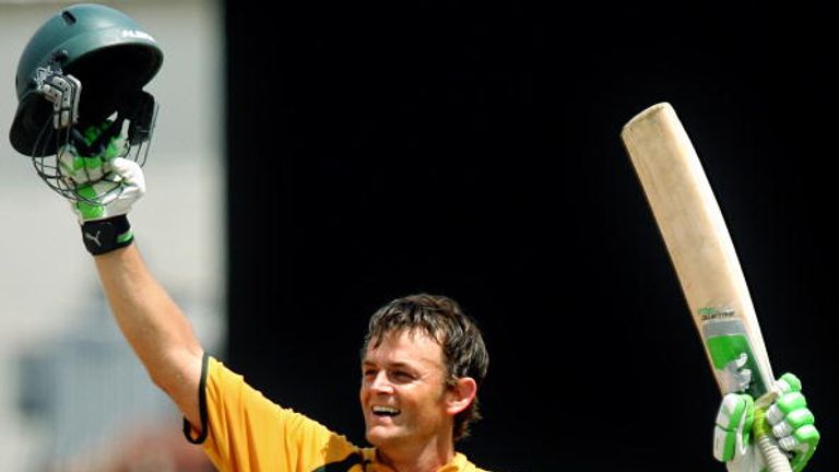 Adam Gilchrist celebrates his World Cup century